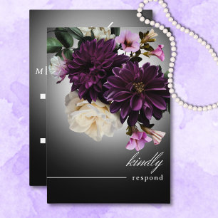 Dark Moody Midnight Lila Floral Romance QR Code RSVP Karte