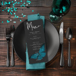 Dark Moody Minimal Aquamarin Moth Wedding Menükarte<br><div class="desc">Dieses Hochzeitsmenü ist ein dunkles,  launisches Thema,  das einfach,  aber atemberaubend ist. Ein schwarzer Holzkohle-Hintergrund ist die perfekte Leinwand für einen Single mit aquamariner blauer Motte,  dessen Flügel sich für den Flug ausbreiten. Einzigartig und elegant,  kann dieses Design für jede Jahreszeit genutzt werden. Erstellt von der einfachen Farmhouse Press.</div>