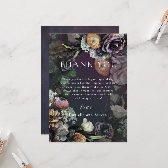 Dark Moody Modern Floral Wedding Danke Karte (Vorderseite/Rückseite Beispiel)