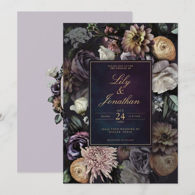Dark Moody Night Lila Lavender Floral Wedding Einladung (Vorne/Hinten)