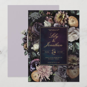 Dark Moody Night Lila Lavender Floral Wedding Einladung