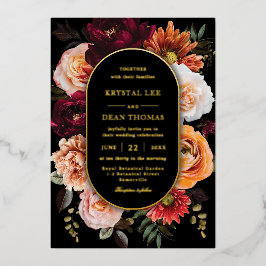 Dark Moody Orange Rust Burgundy Floral Wedding Folieneinladung