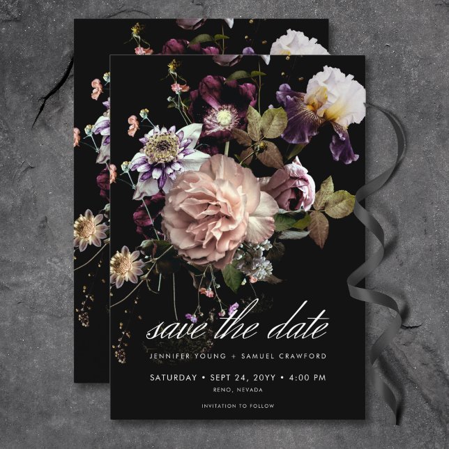 Dark Moody Pastel Opulent Floral Black Wedding Save The Date (Dark Moody Pastel Opulent Floral Black Wedding Save The Date)