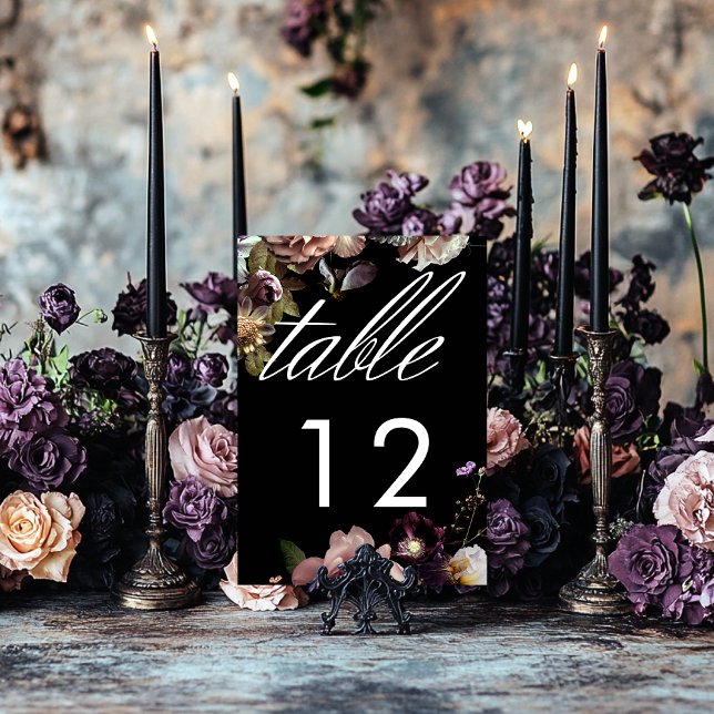 Dark Moody Pastel Opulent Floral Black Wedding Tischnummer (Von Creator hochgeladen)