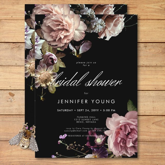 Dark Moody Pastel Opulent Floral Brautparty Einladung (Dark Moody Pastel Opulent Floral Bridal Shower Invitation)