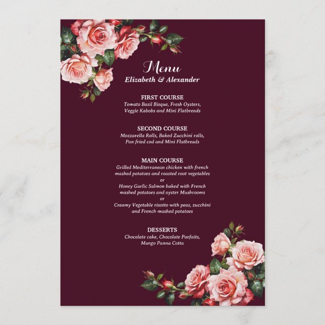 Dark moody pink and red roses burgundy  wedding menükarte (Vorderseite)