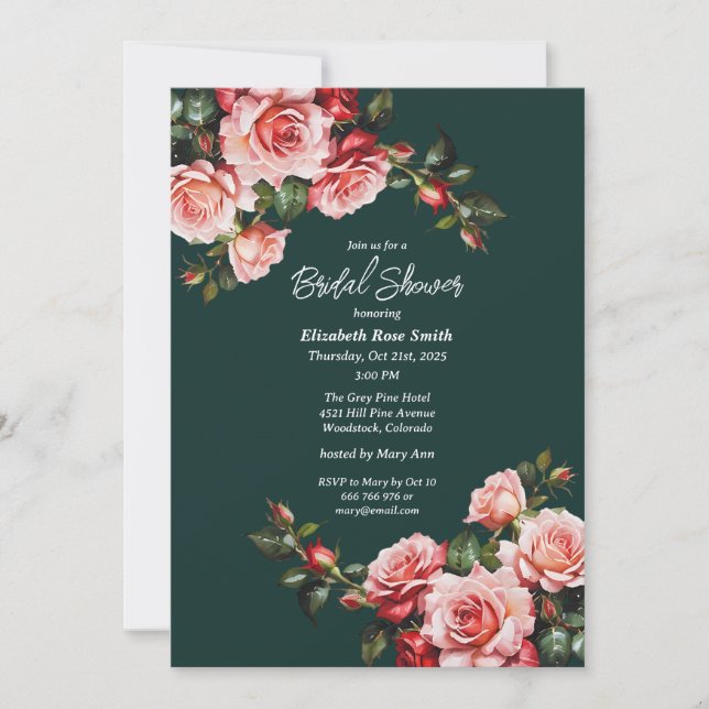Dark moody pink and red roses green bridal shower einladung (Vorderseite)
