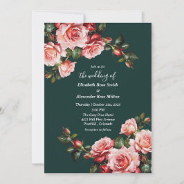 Dark moody pink and red roses green wedding einladung