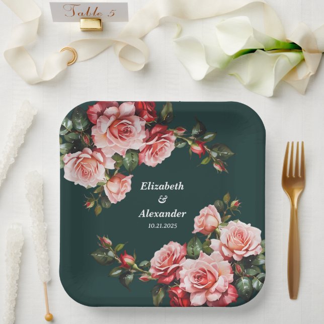 Dark moody pink and red roses green wedding pappteller (Hochzeit)