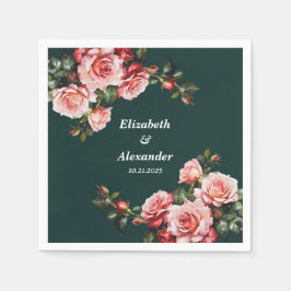 Dark moody pink and red roses green wedding serviette