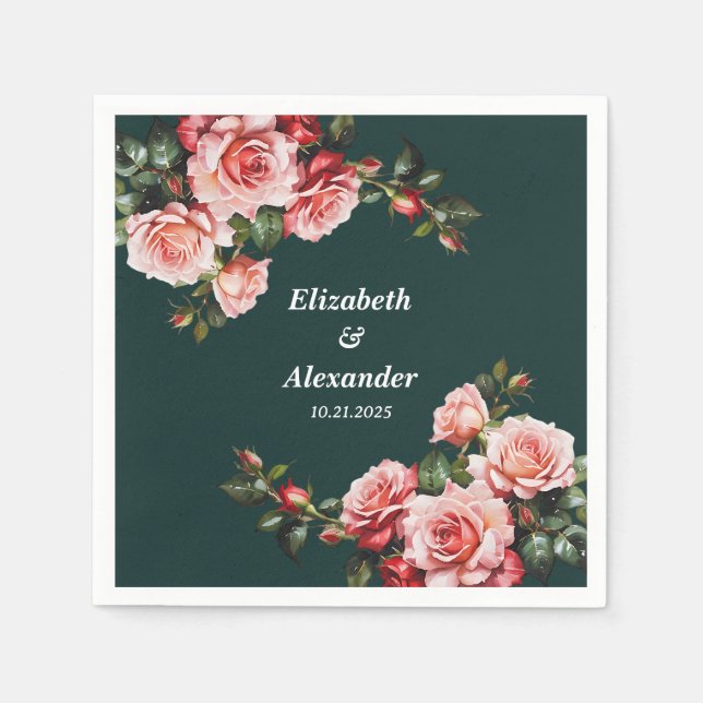 Dark moody pink and red roses green wedding serviette (Vorderseite)