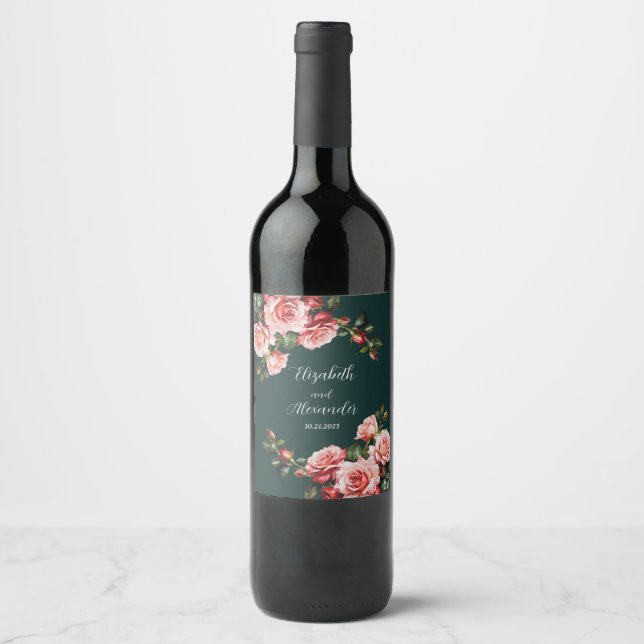 Dark moody pink and red roses green wedding  weinetikett (Vorderseite)