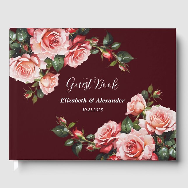 Dark moody pink and red roses maroon  wedding gästebuch (Vorderseite)