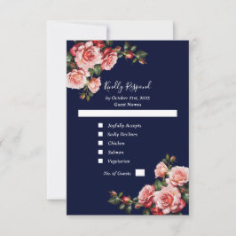 Dark moody pink and red roses navy blue wedding RSVP karte