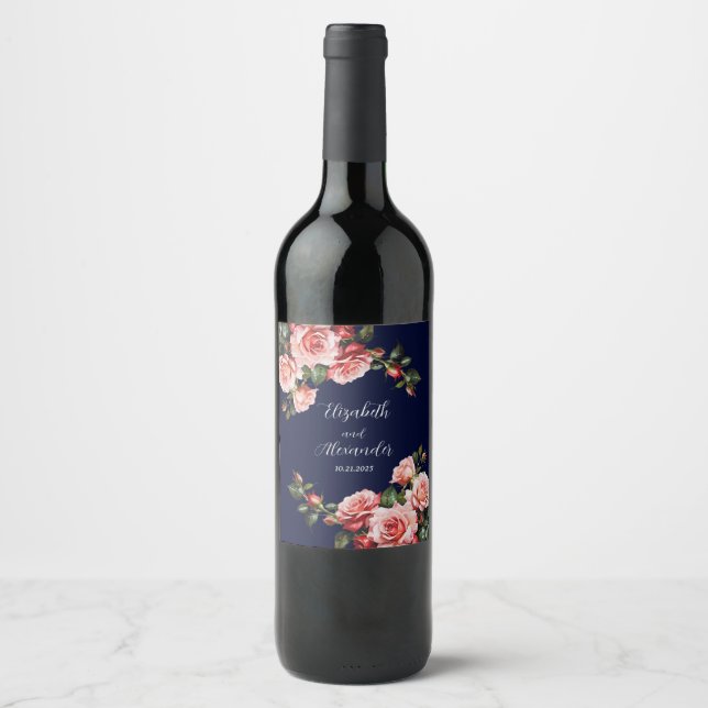 Dark moody pink and red roses navy blue  wedding  weinetikett (Vorderseite)