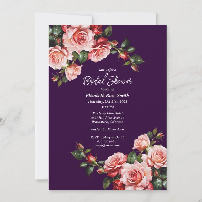 Dark moody pink and red roses purple bridal shower einladung (Vorderseite)