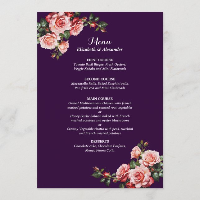 Dark moody pink and red roses purple wedding menükarte (Vorderseite)