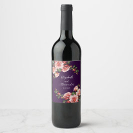Dark moody pink and red roses purple wedding weinetikett