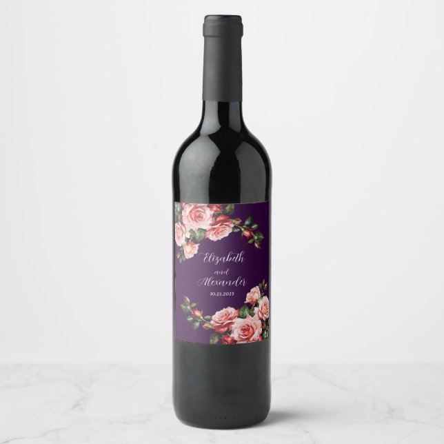 Dark moody pink and red roses purple wedding  weinetikett (Vorderseite)