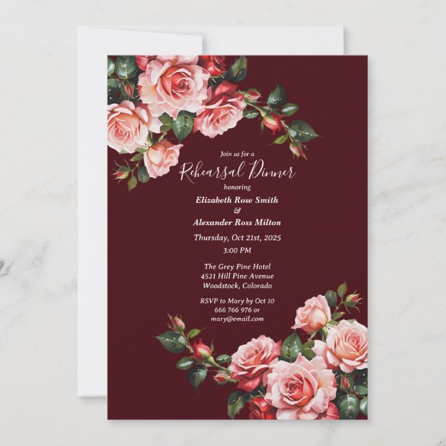 Dark moody pink and red roses Rehearsal Dinner Einladung (Vorderseite)
