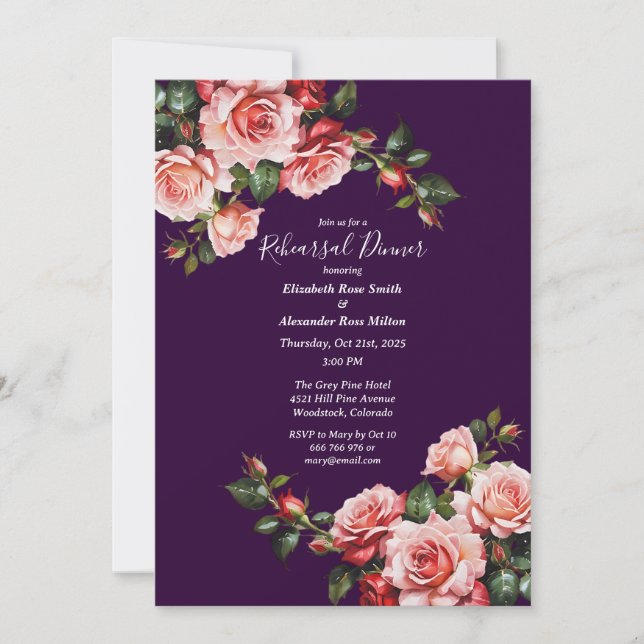 Dark moody pink and red roses Rehearsal Dinner Einladung (Vorderseite)