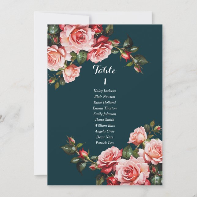 Dark moody pink and red roses seating chart card einladung (Vorderseite)