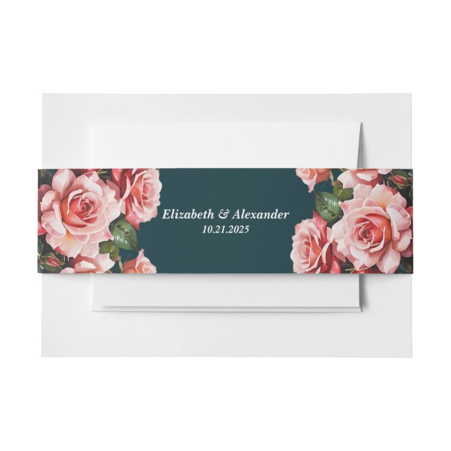 Dark moody pink and red roses teal wedding einladungsbanderole (Vorderseite Beispiel)