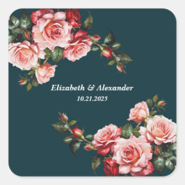 Dark moody pink and red roses teal wedding quadratischer aufkleber