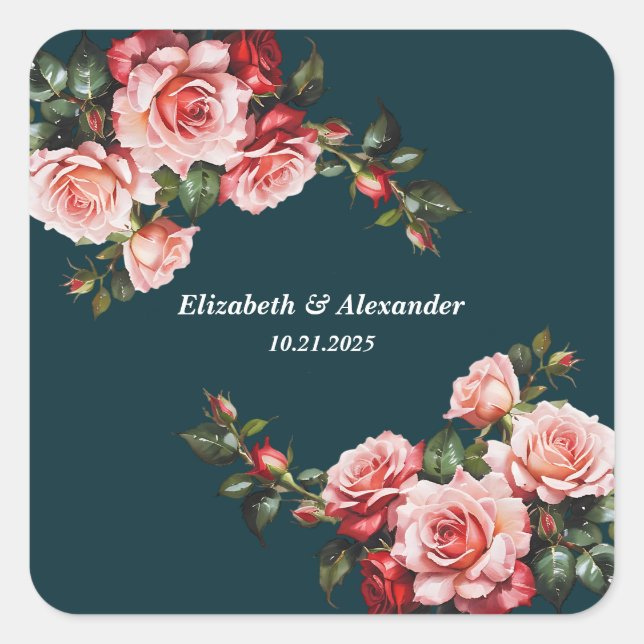 Dark moody pink and red roses teal wedding quadratischer aufkleber (Vorderseite)
