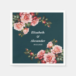 Dark moody pink and red roses teal wedding serviette