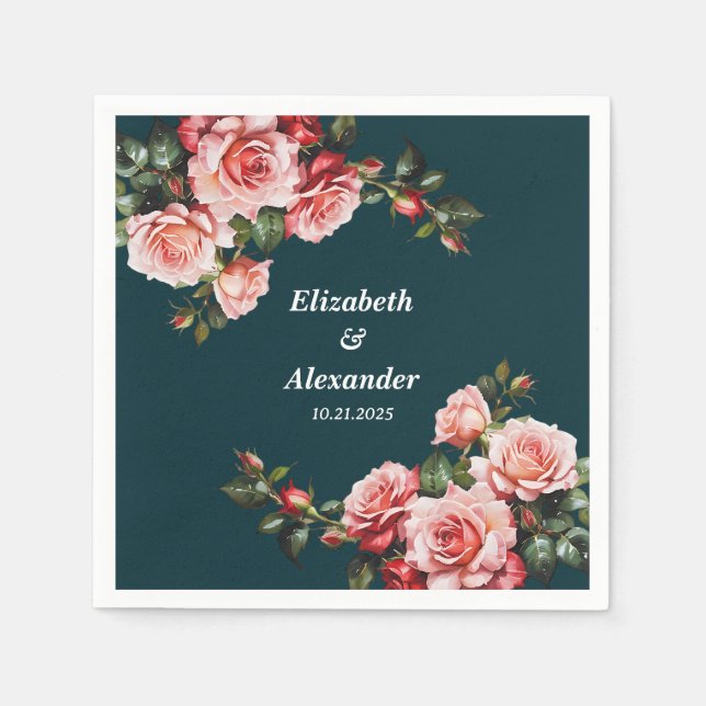 Dark moody pink and red roses teal wedding serviette (Vorderseite)