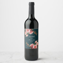 Dark moody pink and red roses teal wedding weinetikett