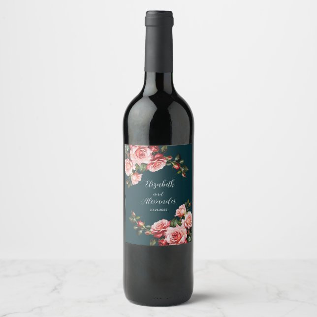 Dark moody pink and red roses teal  wedding  weinetikett (Vorderseite)