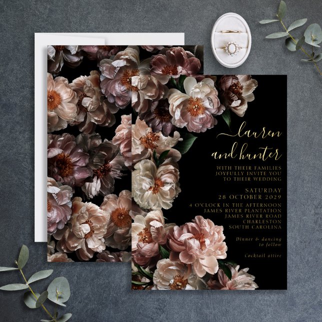 Dark Moody Pink Floral Botanische Hochzeit Gold Folieneinladung (Von Creator hochgeladen)