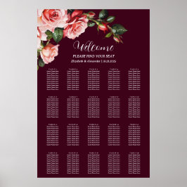 Dark moody pink red roses wedding seating chart poster