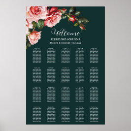 Dark moody pink red roses wedding seating chart poster