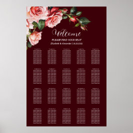 Dark moody pink red roses wedding seating chart poster