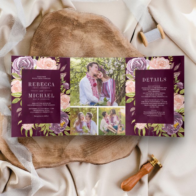 Dark Moody Plum Lila Blush Pink Blumenzange Dreifach Gefaltete Einladung (Von Creator hochgeladen)