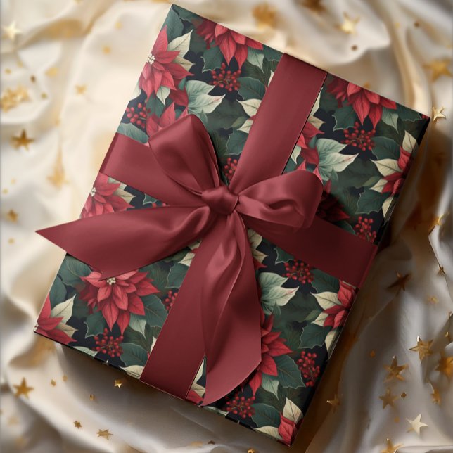 Dark Moody Poinsettia Floral Winter Holiday Geschenkpapier (Elegant Dark and Moody Poinsettia Floral Christmas and Winter Holiday Wrapping Paper)