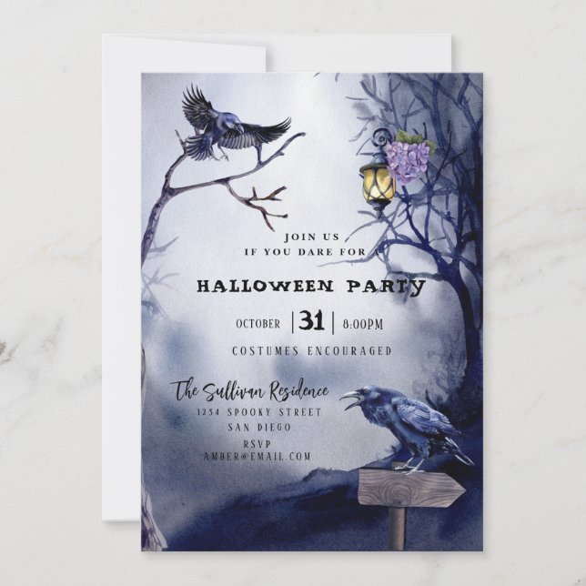 Dark Moody Raven Night Halloween-Party Einladung (Vorderseite)