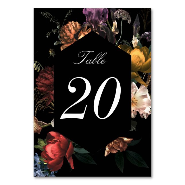 Dark Moody Romantic Dutch Floral Wedding Tischnummer (Vorderseite)