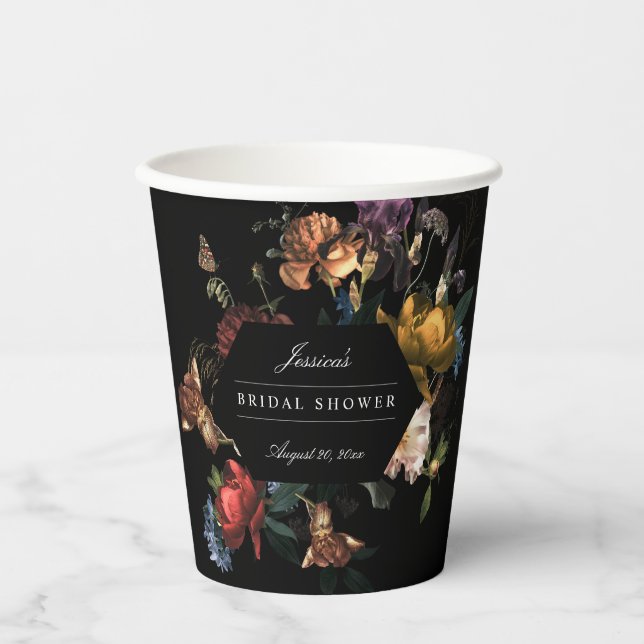 Dark Moody Romantic Floral Dutch Brautparty Pappbecher (Vorderseite)