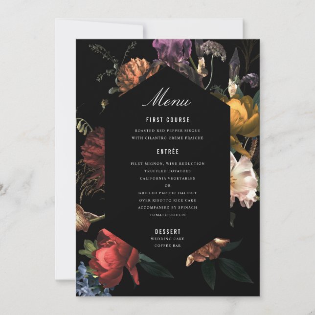 Dark Moody Romantic Floral Dutch Painterly Menu Einladung (Vorderseite)