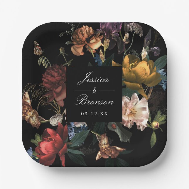 Dark Moody Romantic Floral Dutch Painterly Wedding Pappteller (Vorderseite)