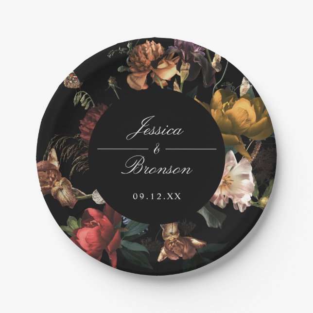 Dark Moody Romantic Floral Dutch Painterly Wedding Pappteller (Vorderseite)