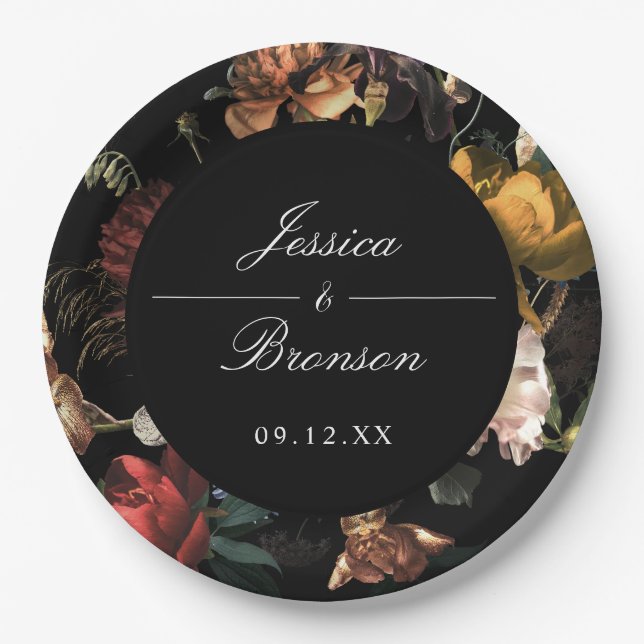 Dark Moody Romantic Floral Dutch Painterly Wedding Pappteller (Vorderseite)