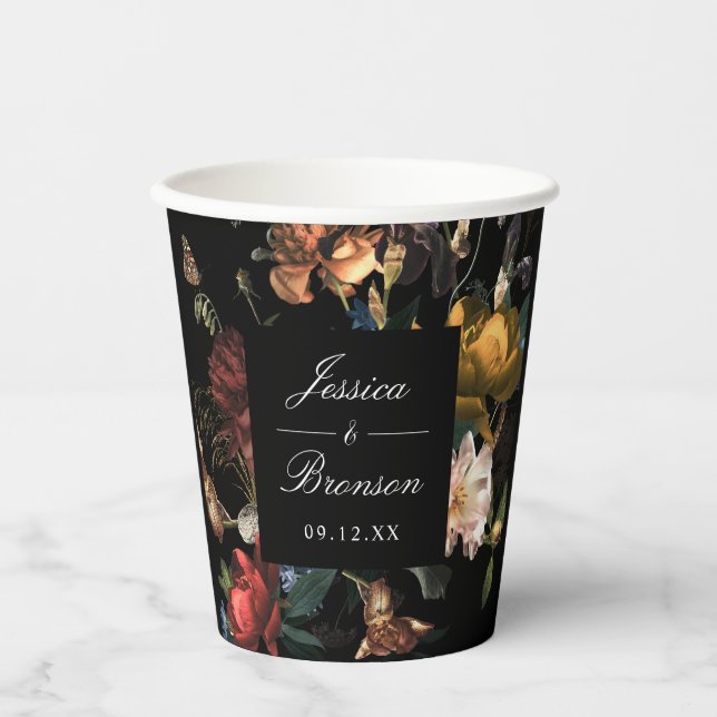 Dark Moody Romantic Floral Dutch Polterabend Pappbecher (Vorderseite)