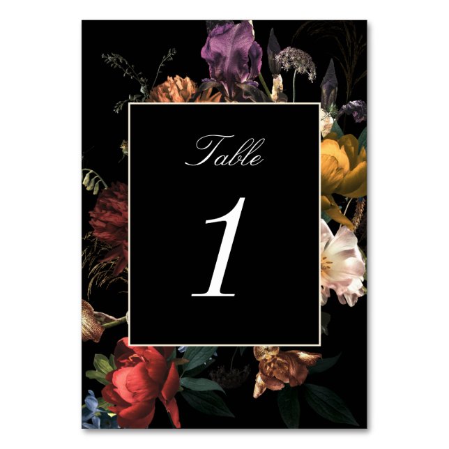 Dark Moody Romantic Floral Dutch Wedding Tischnummer (Vorderseite)