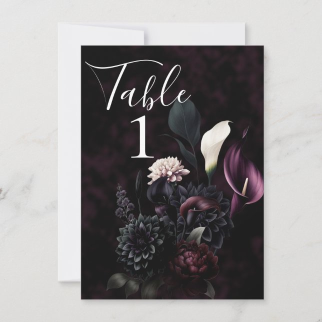 Dark Moody Romantic Floral Mariage Numéro de table (Devant)