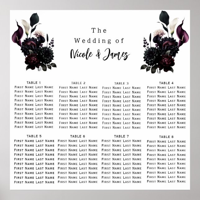 Dark Moody Romantic Floral Wedding Chart Poster (Vorne)